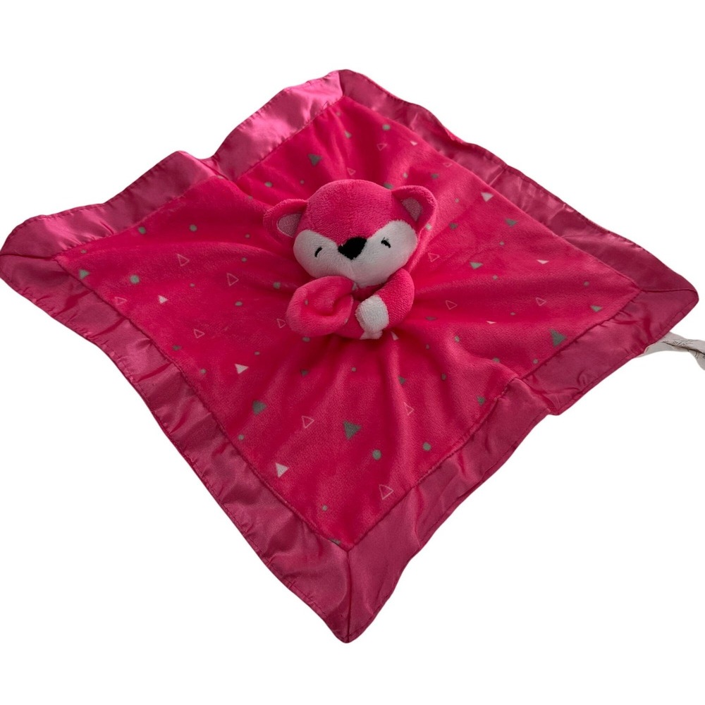 Nuby Hot Pink Fox Baby Lovey Plush Security Blanket‎ 14" X 14" Satin Trim Girl